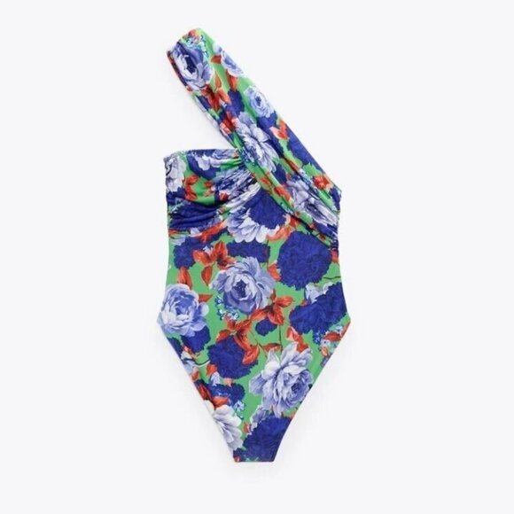 NWOT Zara multicolour floral print asymmetrical single strap ruched bodysuit, S - Picture 9 of 14